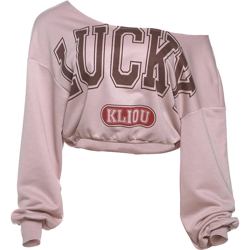 Nibber Letter Print Skew Collar Crop Women Tops Full Sleeve