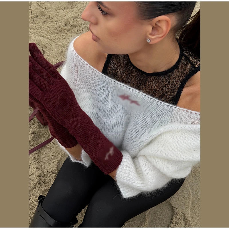 One-Shoulder Embroidered Mohair Sweater Lace Camisole Loose Fit 2025 Autumn Chic Causal Women Knit Top Fashion Sweet Lady Jumper