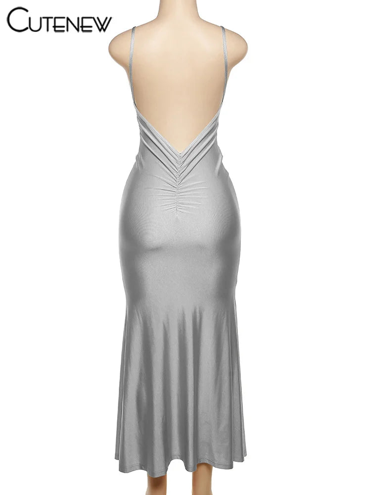 Nibber Red Shiny Spaghetti Strap Maxi Dress Women Solid Sexy Backless Ruched Cleavage Body-shaping Robe Lady Hipster Streetwear