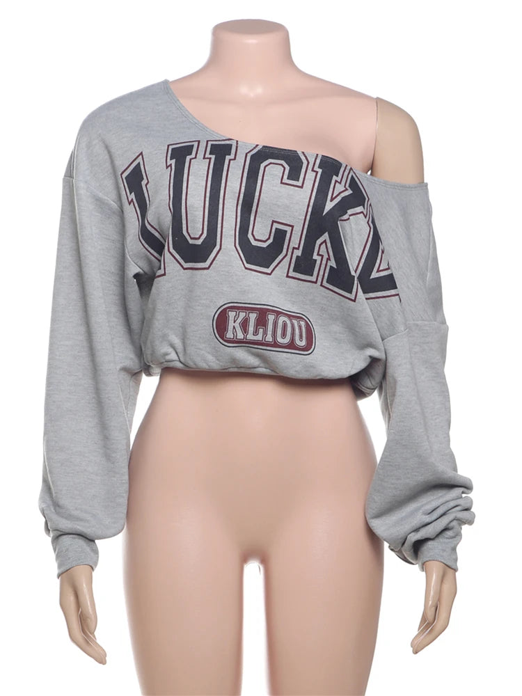 Nibber Letter Print Skew Collar Crop Women Tops Full Sleeve Spring Trend Casual Streetwear Y2K Wild Basic Sexy Cool Mini Tees