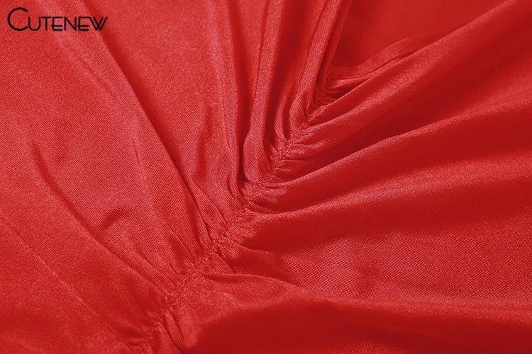 Nibber Red Shiny Spaghetti Strap Maxi Dress Women Solid Sexy Backless Ruched Cleavage Body-shaping Robe Lady Hipster Streetwear