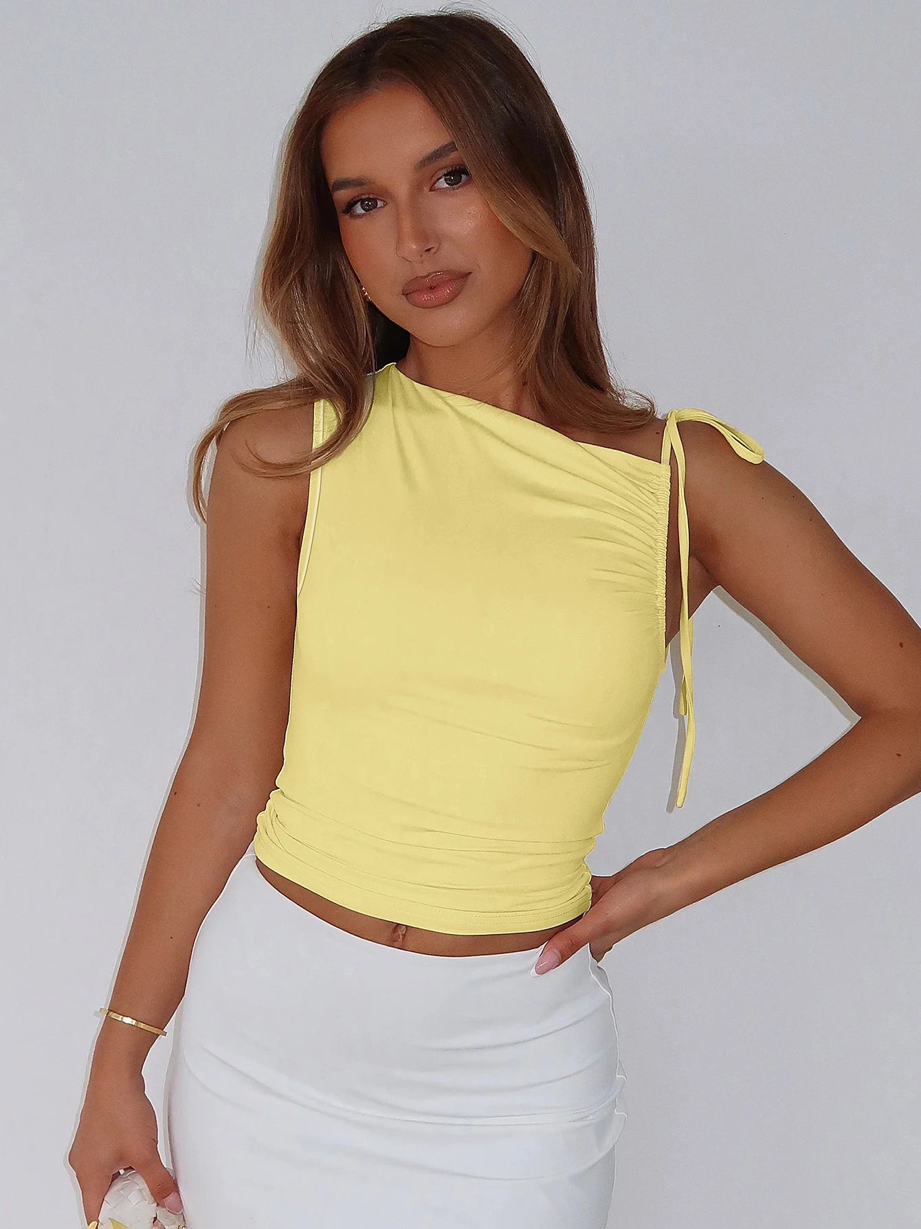 Dulzura Sleeveless Skew Collar Ruched Lace Up Bodycon Crop Top Sexy Elegant Casual Tank Party Club Streetwear Spring Summer