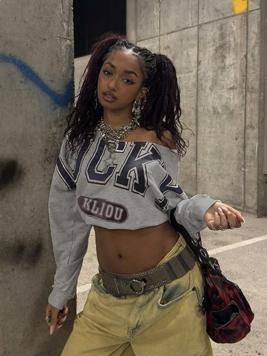 Nibber Letter Print Skew Collar Crop Women Tops Full Sleeve