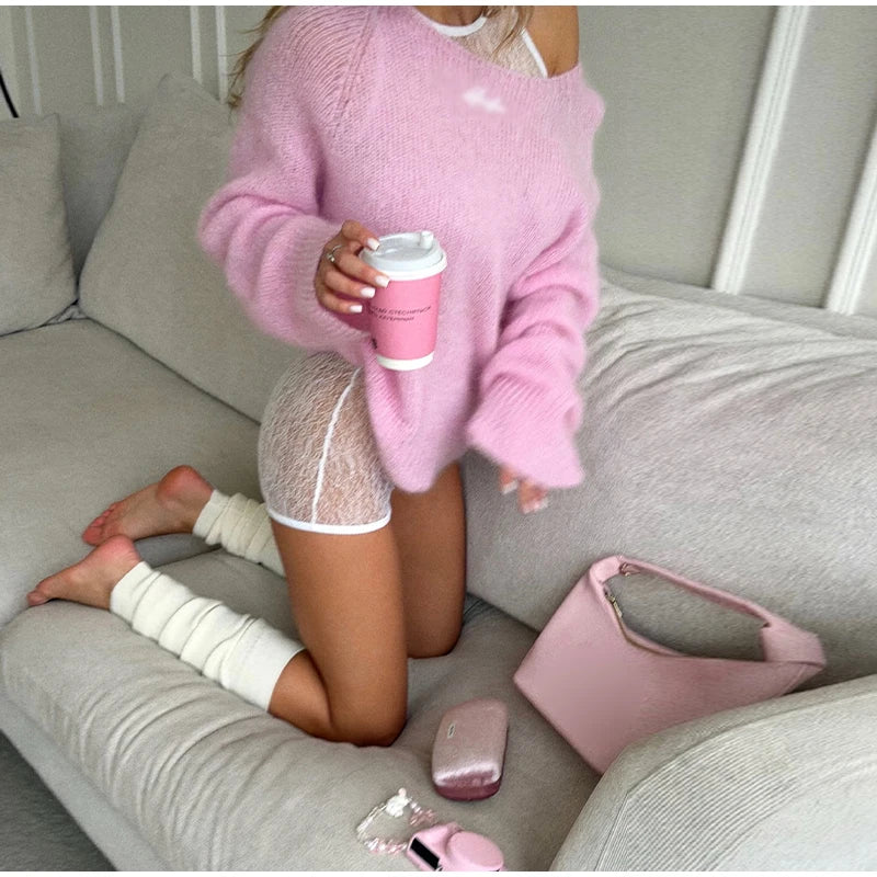 One-Shoulder Embroidered Mohair Sweater Lace Camisole Loose Fit 2025 Autumn Chic Causal Women Knit Top Fashion Sweet Lady Jumper
