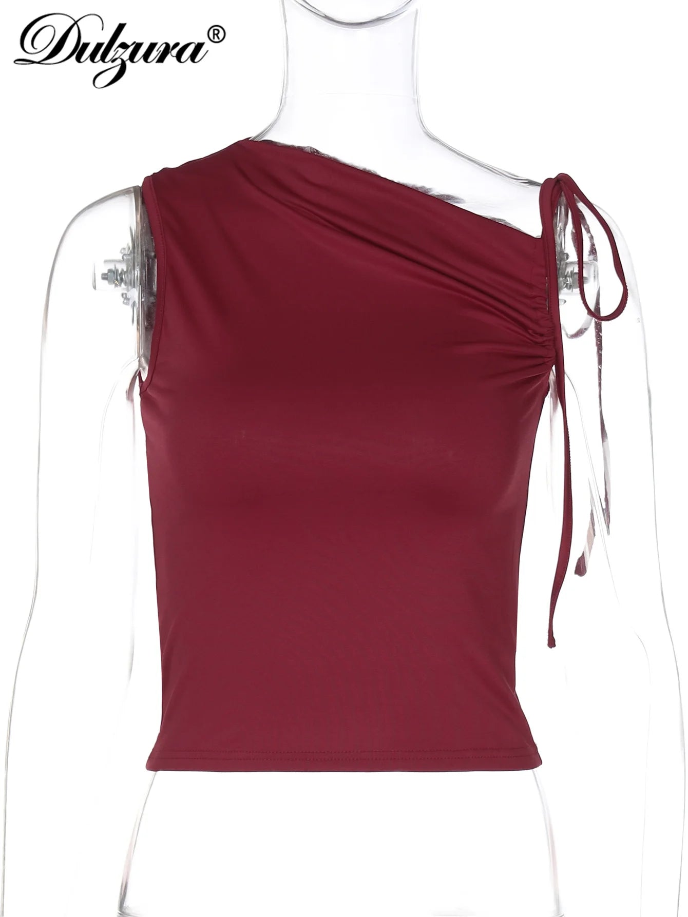 Dulzura Sleeveless Skew Collar Ruched Lace Up Bodycon Crop Top Sexy Elegant Casual Tank Party Club Streetwear Spring Summer