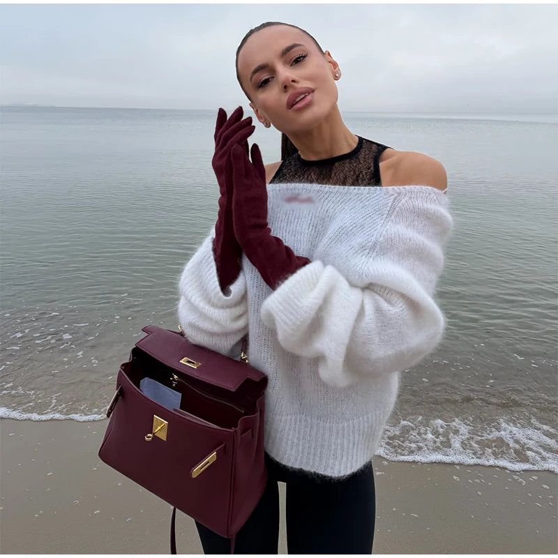 One-Shoulder Embroidered Mohair Sweater Lace Camisole Loose Fit 2025 Autumn Chic Causal Women Knit Top Fashion Sweet Lady Jumper