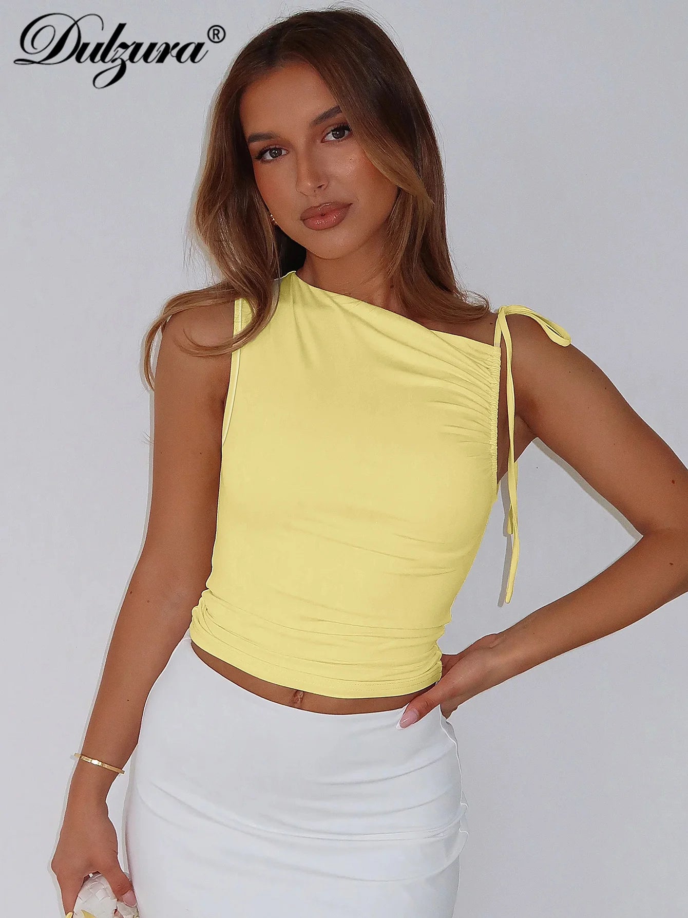 Dulzura Sleeveless Skew Collar Ruched Lace Up Bodycon Crop Top Sexy Elegant Casual Tank Party Club Streetwear Spring Summer