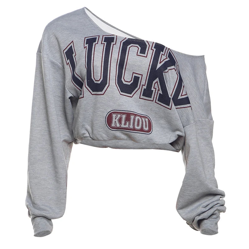 Nibber Letter Print Skew Collar Crop Women Tops Full Sleeve Spring Trend Casual Streetwear Y2K Wild Basic Sexy Cool Mini Tees