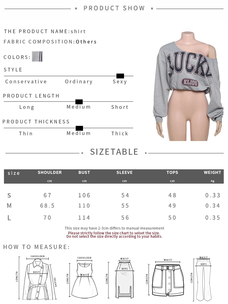 Nibber Letter Print Skew Collar Crop Women Tops Full Sleeve Spring Trend Casual Streetwear Y2K Wild Basic Sexy Cool Mini Tees