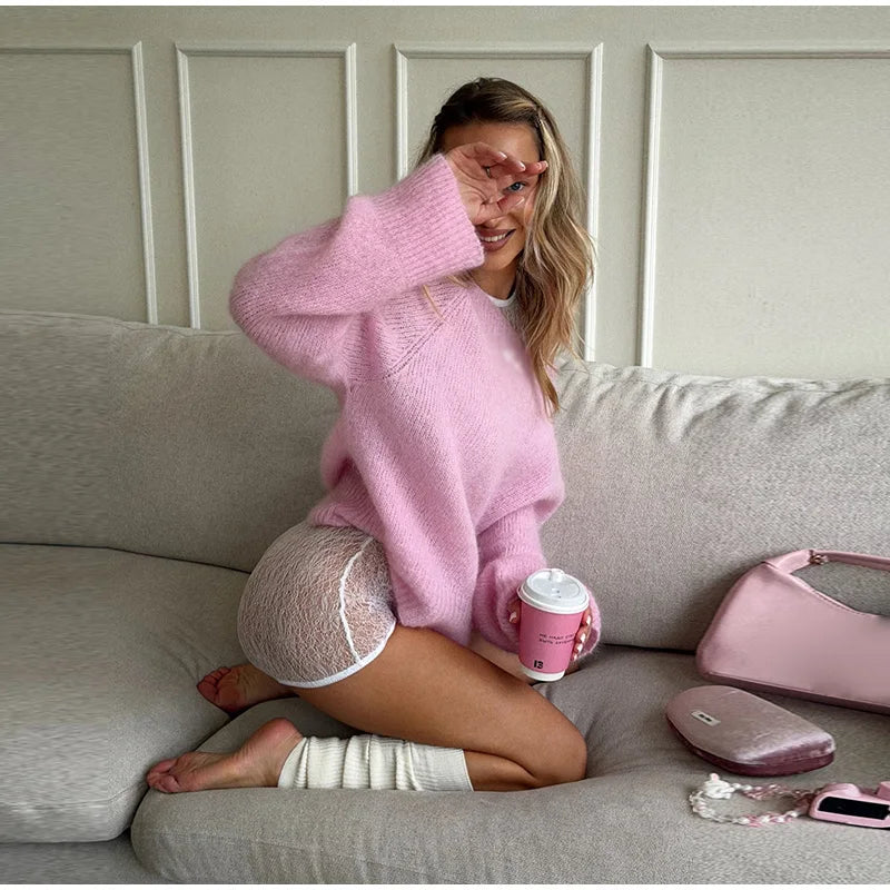 One-Shoulder Embroidered Mohair Sweater Lace Camisole Loose Fit 2025 Autumn Chic Causal Women Knit Top Fashion Sweet Lady Jumper