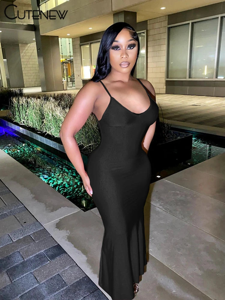 Nibber Red Shiny Spaghetti Strap Maxi Dress Women Solid Sexy Backless Ruched Cleavage Body-shaping Robe Lady Hipster Streetwear