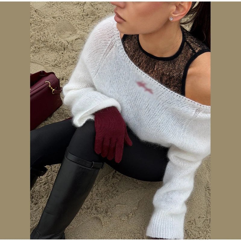 One-Shoulder Embroidered Mohair Sweater Lace Camisole Loose Fit 2025 Autumn Chic Causal Women Knit Top Fashion Sweet Lady Jumper