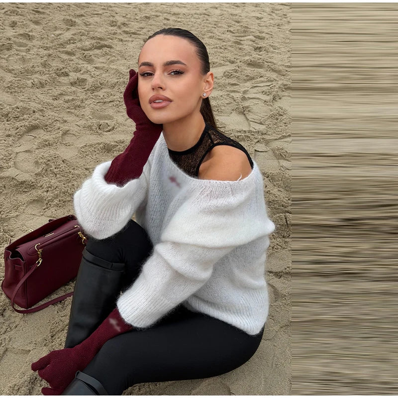 One-Shoulder Embroidered Mohair Sweater Lace Camisole Loose Fit 2025 Autumn Chic Causal Women Knit Top Fashion Sweet Lady Jumper