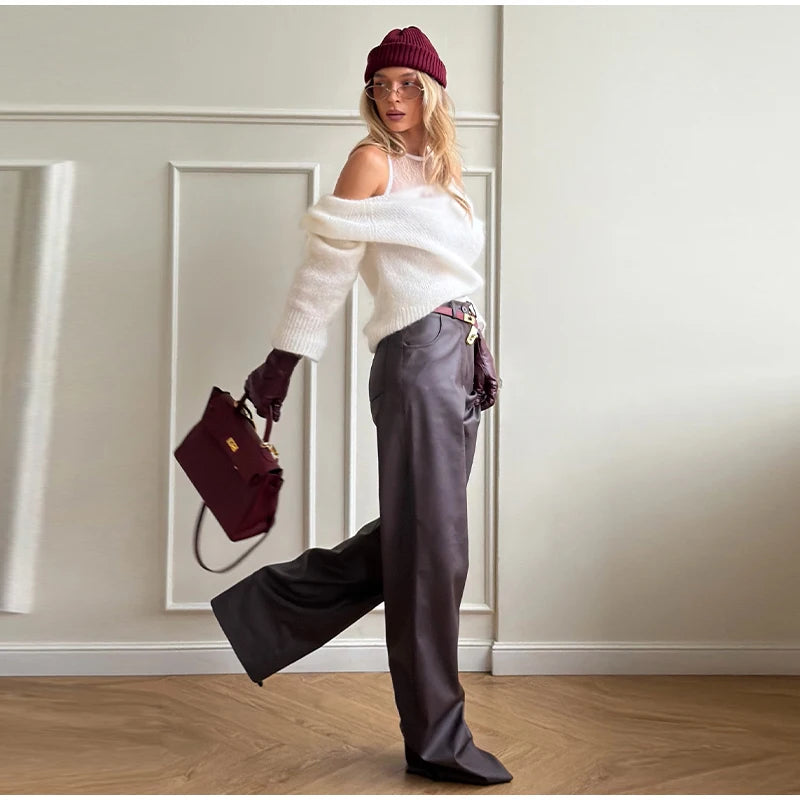 One-Shoulder Embroidered Mohair Sweater Lace Camisole Loose Fit 2025 Autumn Chic Causal Women Knit Top Fashion Sweet Lady Jumper