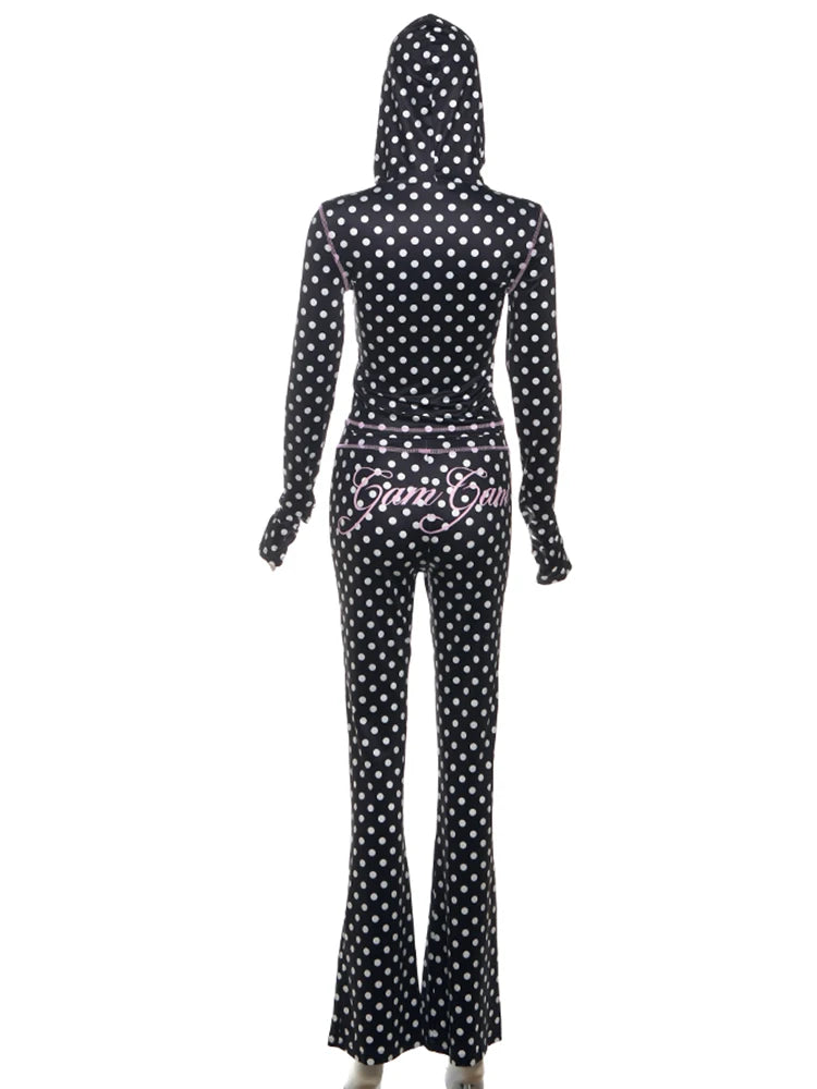 Polka Dot Letter Print 2 Piece Set Woman Tracksuit Trend Sexy Hooded Jacket+Pants Skinny Stretch Matching set