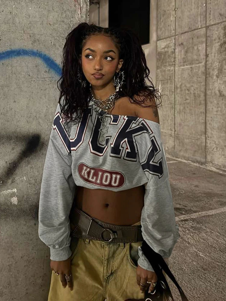 Nibber Letter Print Skew Collar Crop Women Tops Full Sleeve Spring Trend Casual Streetwear Y2K Wild Basic Sexy Cool Mini Tees