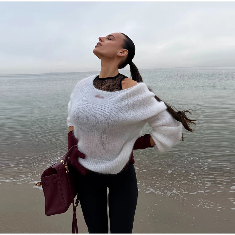 One-Shoulder Embroidered Mohair Sweater Lace Camisole Loose Fit 2025 Autumn Chic Causal Women Knit Top Fashion Sweet Lady Jumper