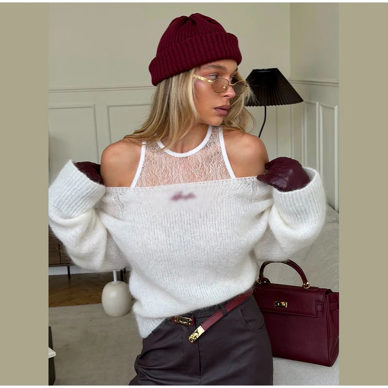 One-Shoulder Embroidered Mohair Sweater Lace Camisole Loose Fit 2025 Autumn Chic Causal Women Knit Top Fashion Sweet Lady Jumper
