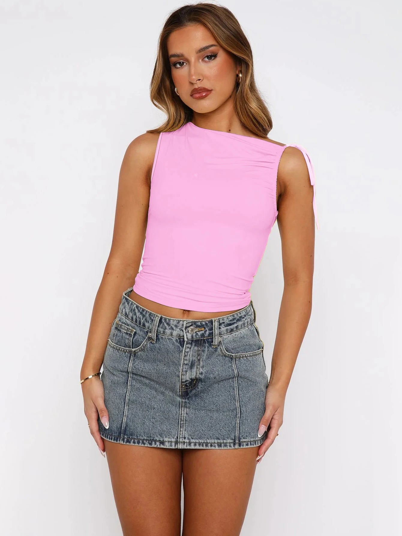 Dulzura Sleeveless Skew Collar Ruched Lace Up Bodycon Crop Top Sexy Elegant Casual Tank Party Club Streetwear Spring Summer