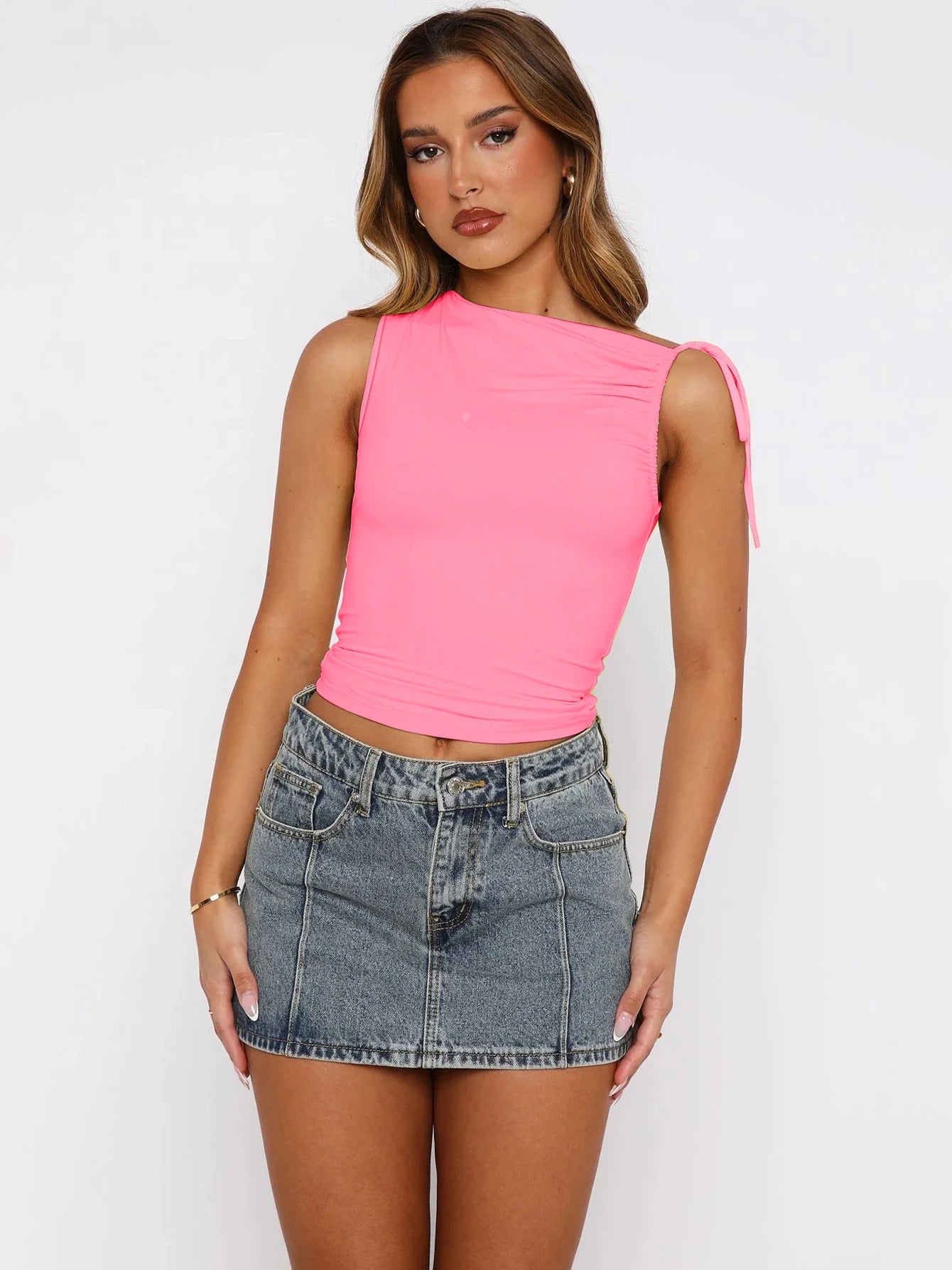 Dulzura Sleeveless Skew Collar Ruched Lace Up Bodycon Crop Top Sexy Elegant Casual Tank Party Club Streetwear Spring Summer