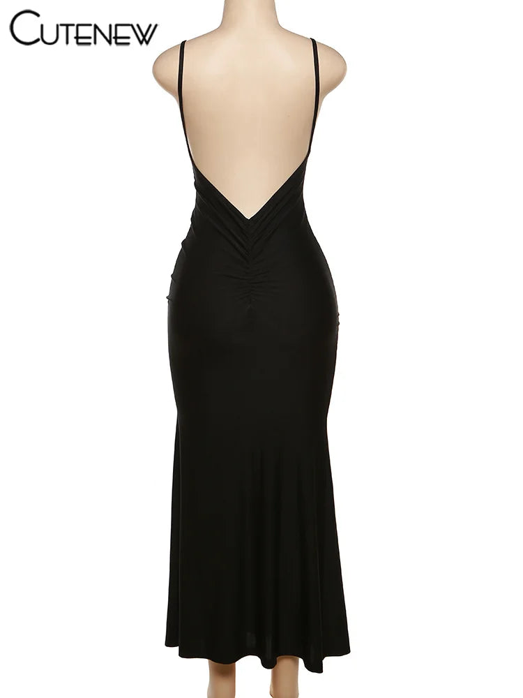 Nibber Red Shiny Spaghetti Strap Maxi Dress Women Solid Sexy Backless Ruched Cleavage Body-shaping Robe Lady Hipster Streetwear