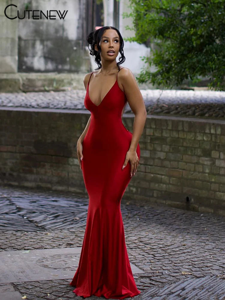 Nibber Red Shiny Spaghetti Strap Maxi Dress Women Solid Sexy Backless Ruched Cleavage Body-shaping Robe Lady Hipster Streetwear