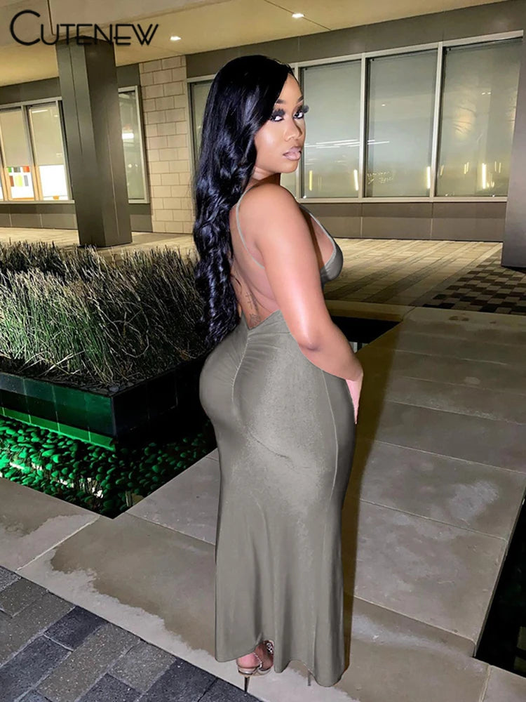 Nibber Red Shiny Spaghetti Strap Maxi Dress Women Solid Sexy Backless Ruched Cleavage Body-shaping Robe Lady Hipster Streetwear