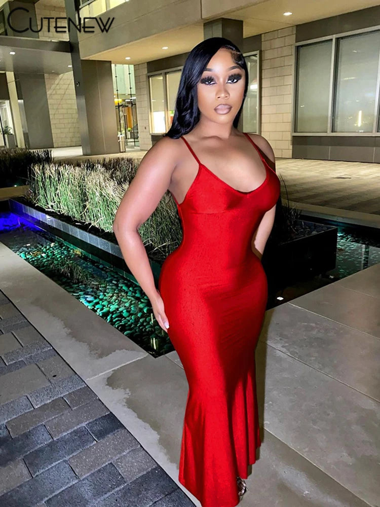 Nibber Red Shiny Spaghetti Strap Maxi Dress Women Solid Sexy Backless Ruched Cleavage Body-shaping Robe Lady Hipster Streetwear