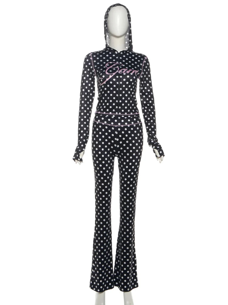 Polka Dot Letter Print 2 Piece Set Woman Tracksuit Trend Sexy Hooded Jacket+Pants Skinny Stretch Matching set