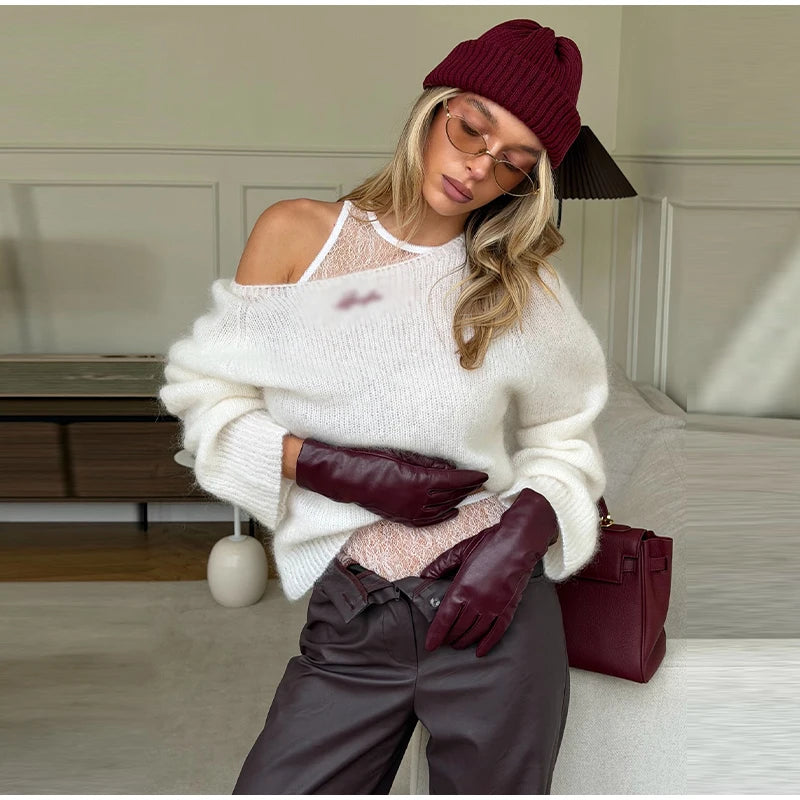 One-Shoulder Embroidered Mohair Sweater Lace Camisole Loose Fit 2025 Autumn Chic Causal Women Knit Top Fashion Sweet Lady Jumper