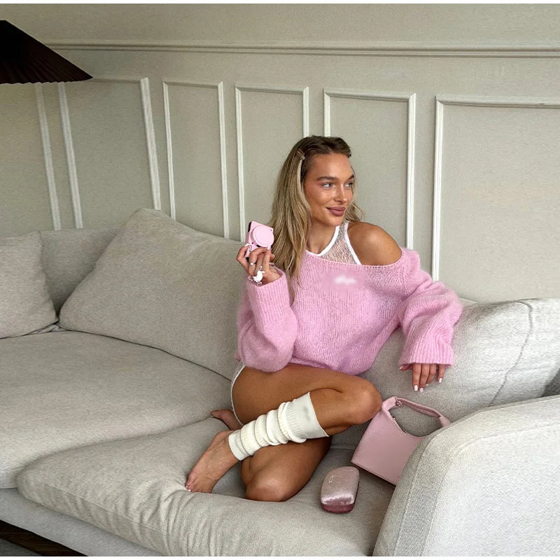 One-Shoulder Embroidered Mohair Sweater Lace Camisole Loose Fit 2025 Autumn Chic Causal Women Knit Top Fashion Sweet Lady Jumper