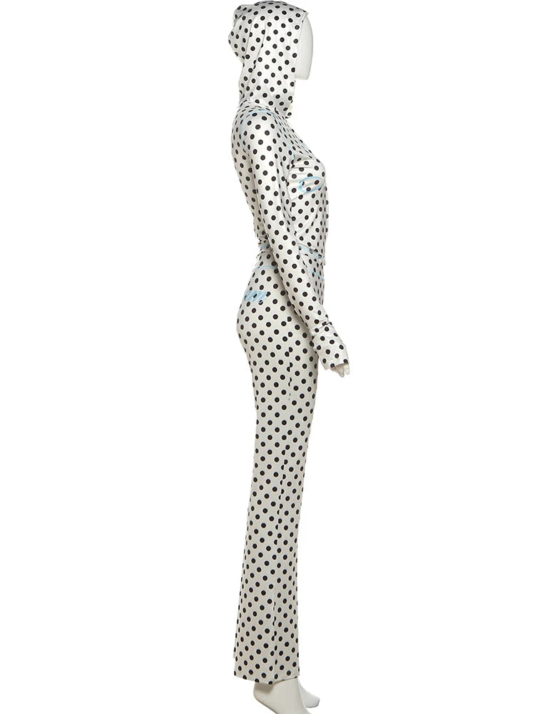Polka Dot Letter Print 2 Piece Set Woman Tracksuit Trend Sexy Hooded Jacket+Pants Skinny Stretch Matching set