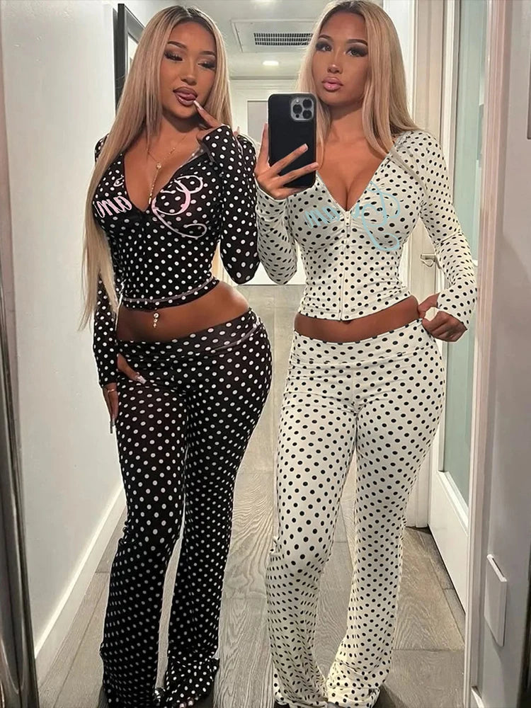 Polka Dot Letter Print 2 Piece Set Woman Tracksuit Trend Sexy Hooded Jacket+Pants Skinny Stretch Matching set