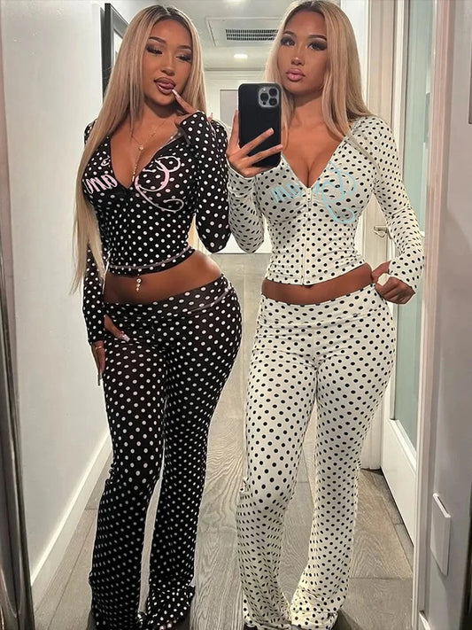 Polka Dot Letter Print 2 Piece Set Woman Tracksuit Trend Sexy Hooded Jacket+Pants Skinny Stretch Matching set