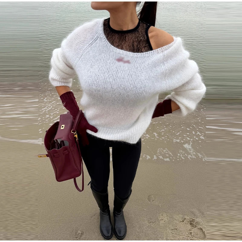 One-Shoulder Embroidered Mohair Sweater Lace Camisole Loose Fit 2025 Autumn Chic Causal Women Knit Top Fashion Sweet Lady Jumper